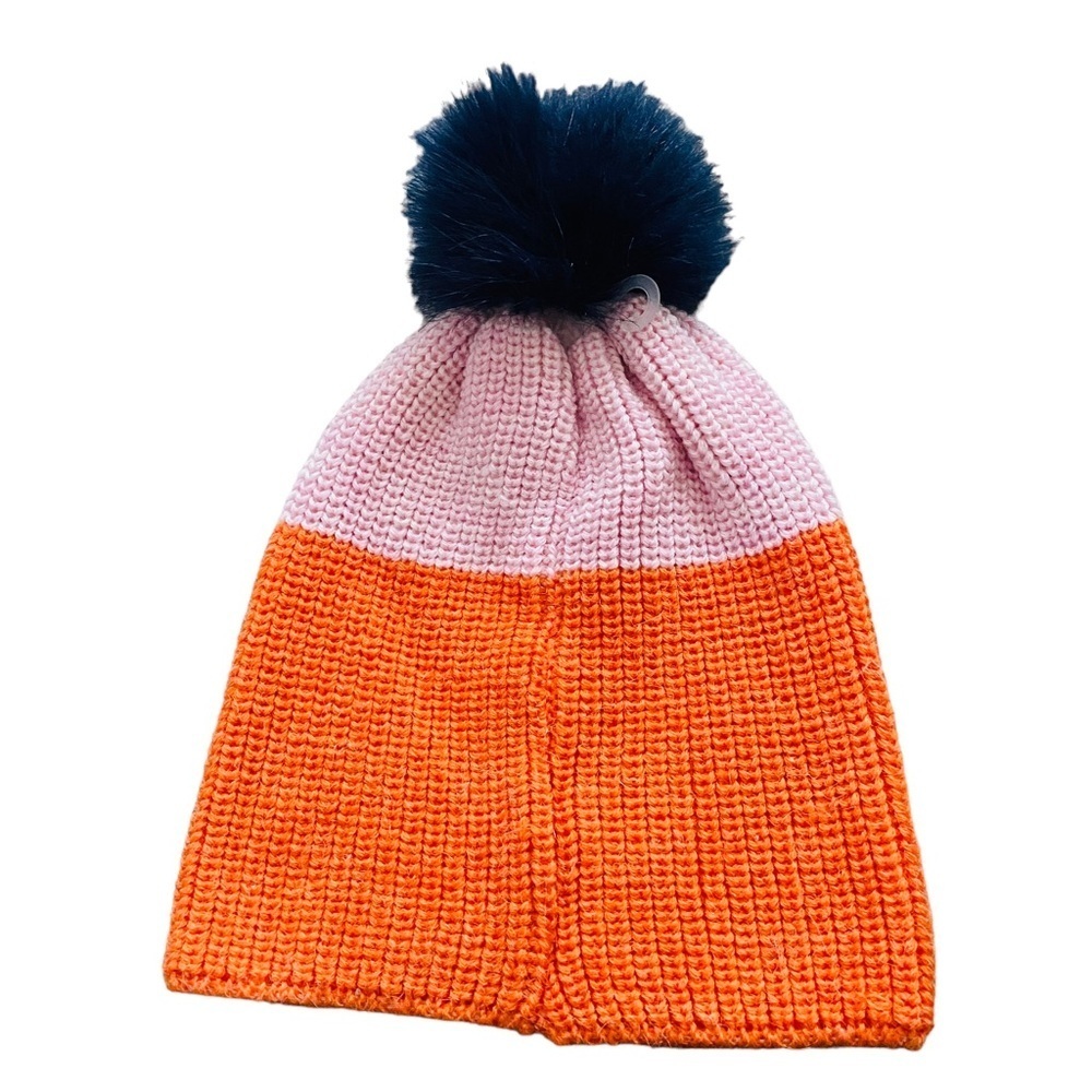 NEW Designed with Love in Denmark Pom Pom Knit Beanie Hat Orange Pink NWT
